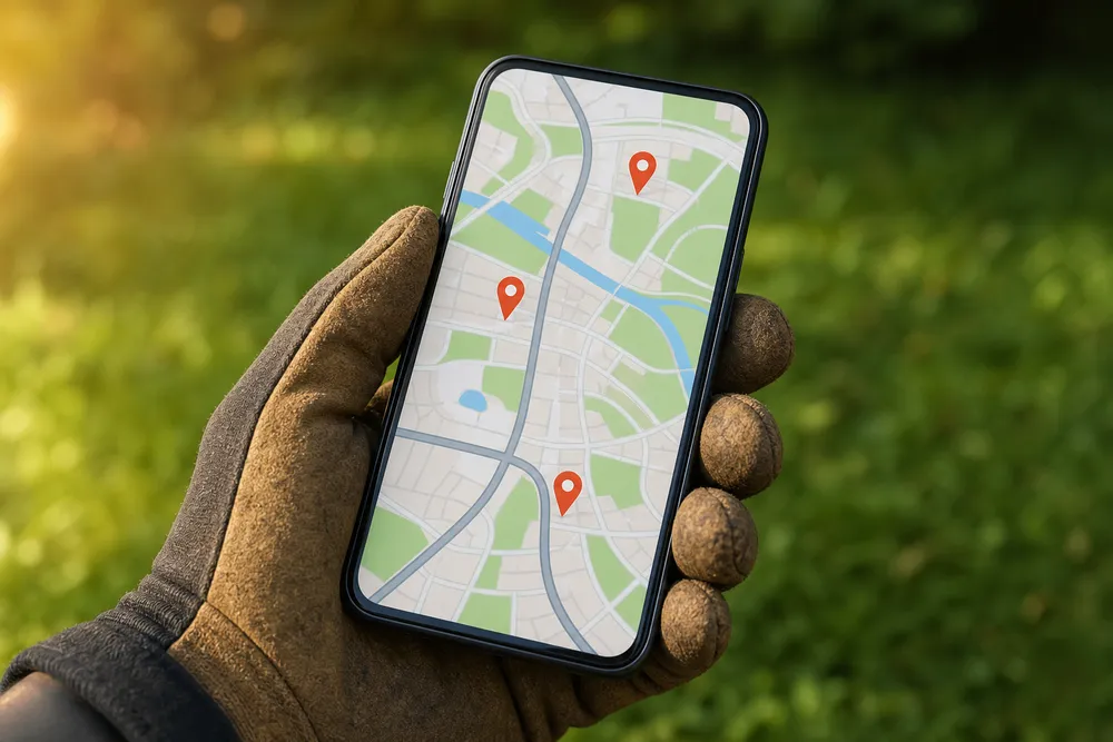 Phone showing the local map results where landscapers compete