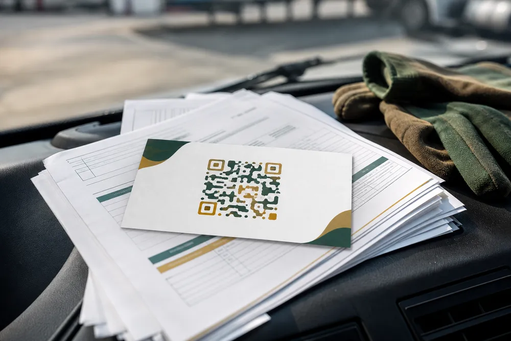 Review QR card on a stack of invoices in a work truck